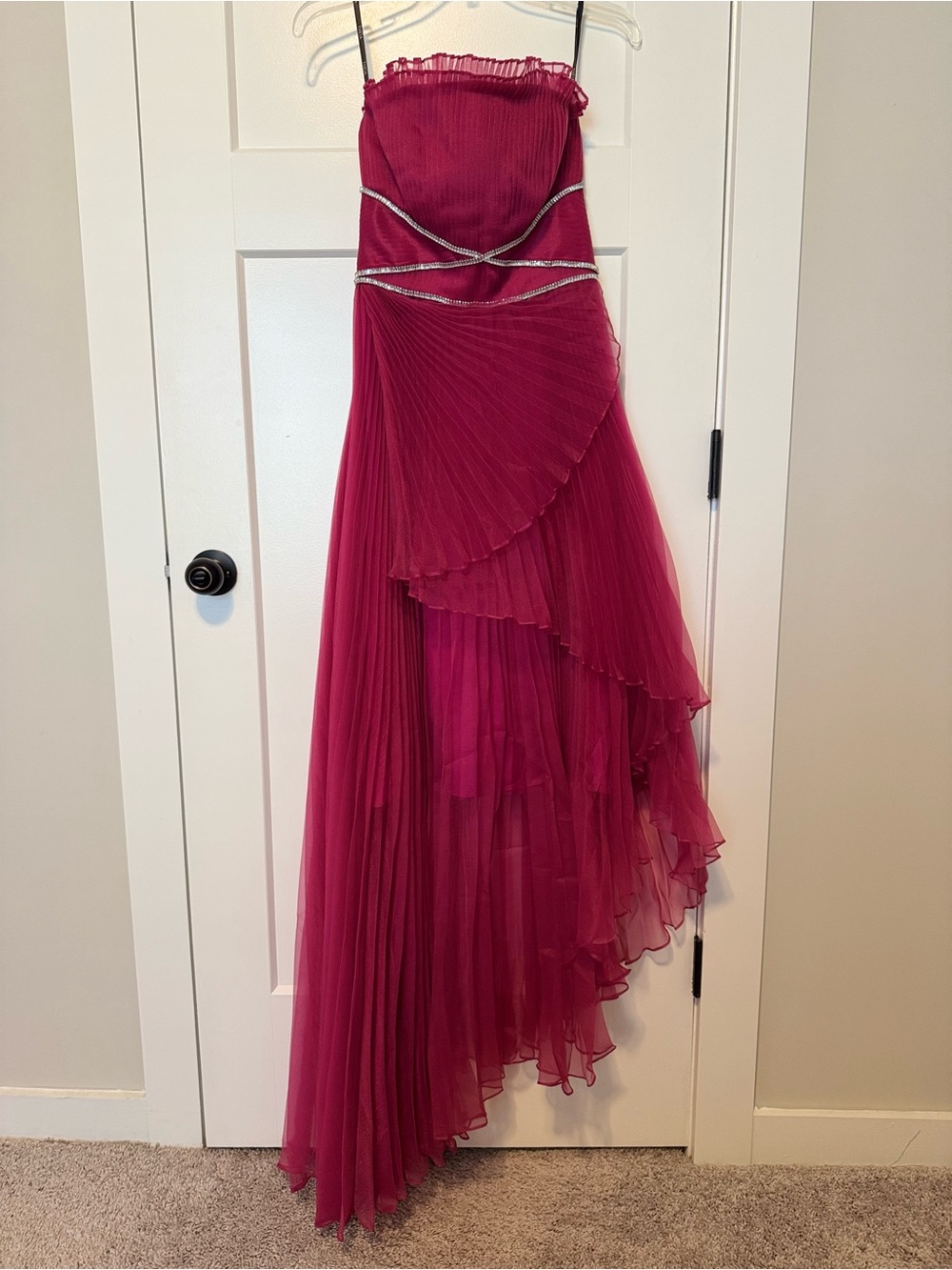 Theia Strapless Fuchsia Pleated Evening Gown rhinestone bodice